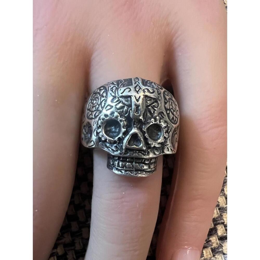 Sterling Silver Sugar Skull Day Of Dead Cross Biker Ring Size 10.75